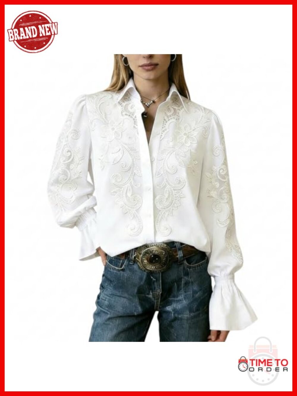 Women's Floral Embroidery Blouse Ruffled Cuff Boho Shirt Long Sleeve